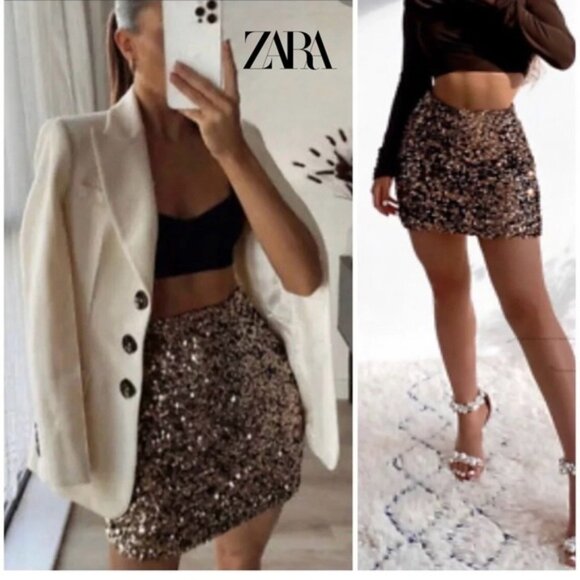 Zara Gold sequin metallic miniskirt stretchy Sz S lined side zip closure sparkly - Picture 12 of 12